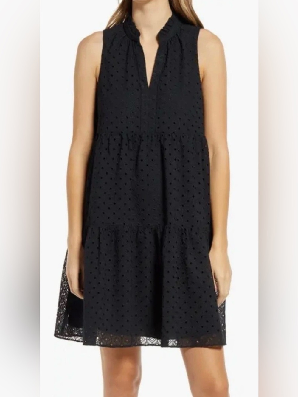 Lilly Pulitzer Novella Black Sleeveless Eyelet Tiered Dress, Size Large